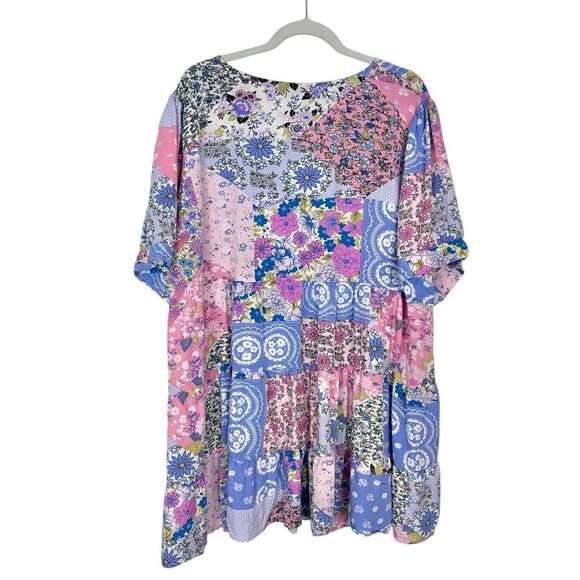 Rusttydustty Dress 3XL Purple V-Neck Short Sleeve Tiered Floral Mini Patchwork - Picture 4 of 15